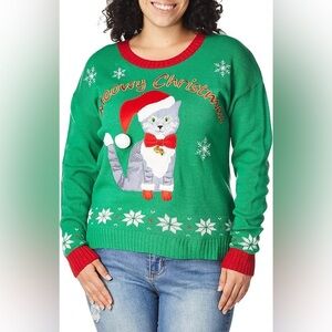 Meowy Christmas Kitty with Bells Ugly Christmas Sweater Sz XL